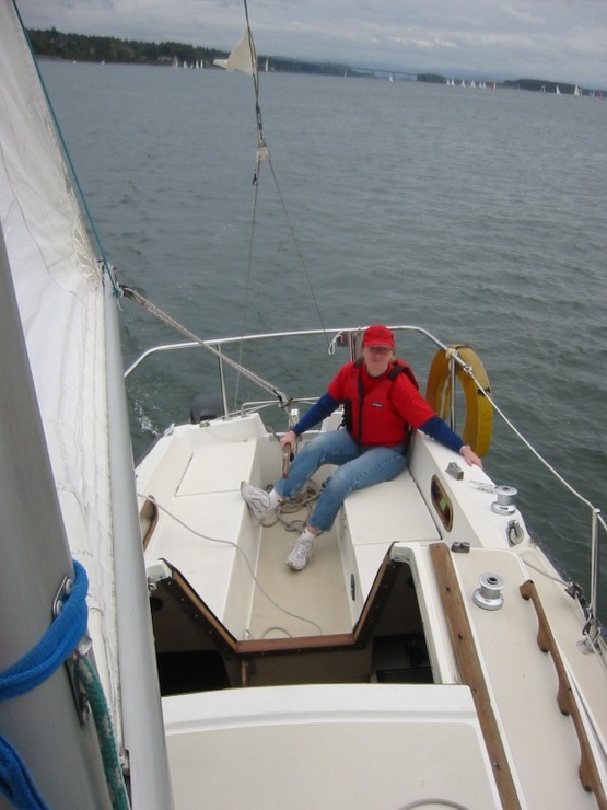 Steph at helm of Catalina 25