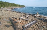 Driftwood strewn beach Barr Island Lake Superior