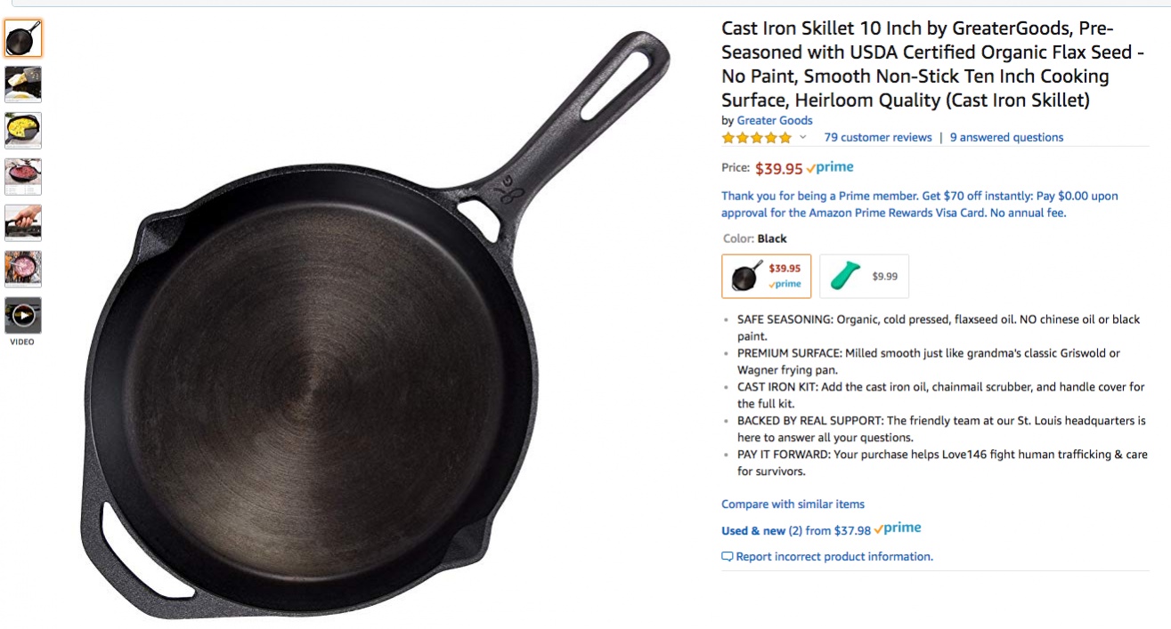 GreaterGoods Cast Iron Skillet 10 Inch, Smooth Non-Stick Nine Inch