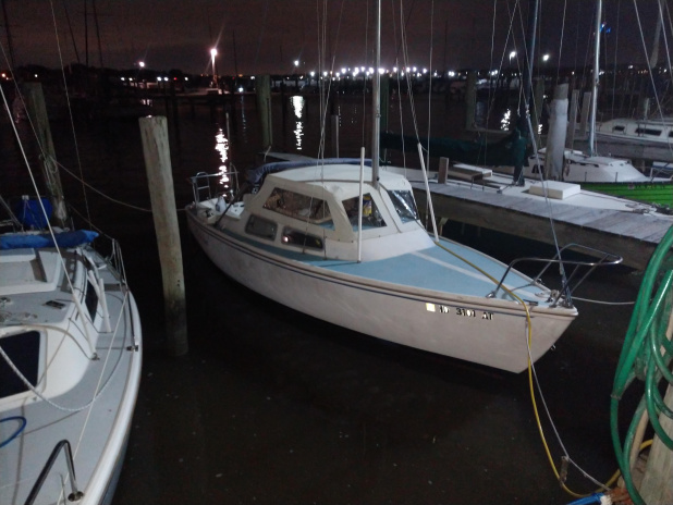 Moored  at night with the Pop-Top up at Bal Harbour Marina in Nassau Bay Texas