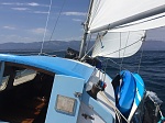 7+ kts, 15 degree heel, beam reach. Vintage South Coast winch.  Heading back from the islands, Santa Barbara in the distance. 
Kids napping. Jazz on,...