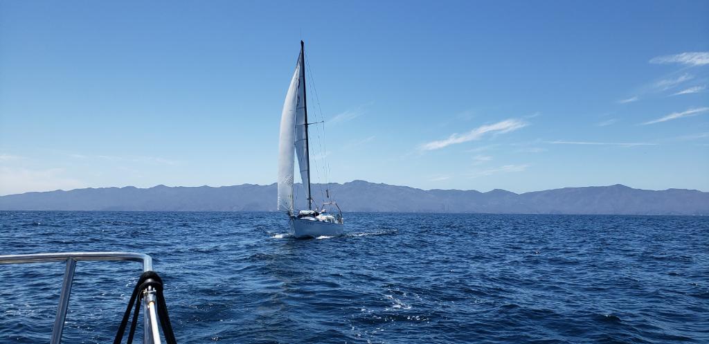 Returning from Santa Cruz Island to Santa Barbara. Doing 5 kts in under a 10 kt breeze. 2019. Directly behind the boat, in fact behind the mast, on the island, is Fry's Harbor. The large dark cliff just to the left of the jib is Platt's anchorage.