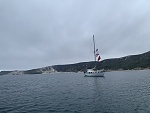 Anchored in Cuyler Harbor, San Miguel Island, Channel Islands, California. August 2023. Looking southeast. This anchorage is considered the best for...