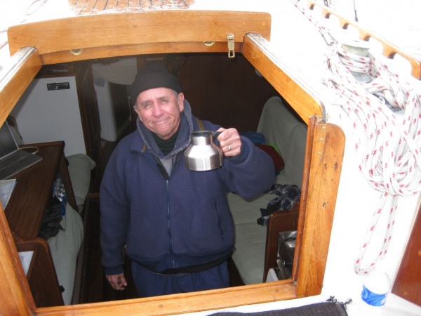 Steven dressed with his morning coffee. I had gone below to make some brew at his request and turned on the coffee grinder.  Steven about came out of his skin saying "WHAT THE HELL IS THAT NOISE???"  Told him that when I rewired the boat, Stan had wired in an inverter so I could run the computer and the grinder.  He was stunned. He cried out: "Where is the instant???"  "There is no instant on board Steven."    Clearly, he felt some deep sailing ethos had been violated.  However, upon tasting my "gourmet brew" (as he forever after that referred to my coffee), he was a convert to the taste of Aged Sumatra on a very cold ocean morning.