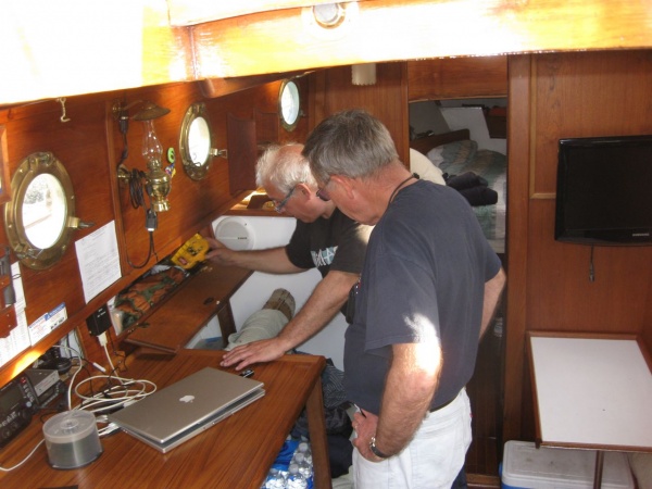Reviewing location of all equipment and and review of safety systems at start of trip.  I am showing Steven where everything was stored on the boat.