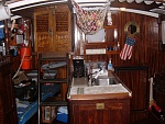 Petrel facing aft, to the left is a the STBD Quater Birth and center is engine compartment/ galley sink,  The true Sea Spirit design