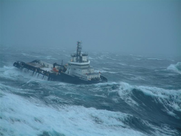 January storms in the North Sea, towing a rig with a Highland boat