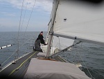 Elizabeth changes a headsail up fromthe Number 4 to the Number 3 after a squall on Buzzards Bay