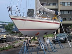 Ready to launch.  AVERISERA at a boat yard in Boston after a coat of bottom paint and a couple passes with the polishing cloth.