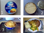 Fray Bentos experiment 
 
1. How it looks when you buy it 
2. Open the lid and put in 220C oven 
3. What comes out 30 mins later 
4. Served with...
